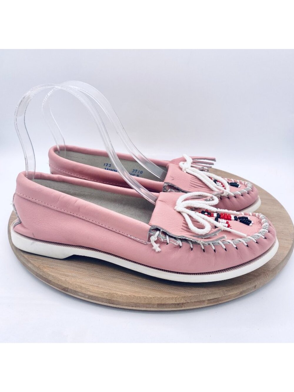 Vintage Minnetonka Moccasins Womens 8 Pink Leather Beaded Thunder Bird Native